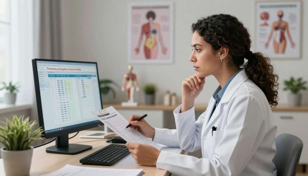 A Brazilian female healthcare professional in a modern clinic setting, reviewing patient charts and diagnostic criteria related to Premenstrual Dysphoric Disorder (PMDD). In the foreground, the professional, dressed in a white lab coat and professional attire, looks thoughtfully at a computer screen displaying data and symptoms of PMDD. In the middle, a cozy examination room with anatomical models and informative posters on women's health. The background features soft lighting that creates a calm and supportive atmosphere, with potted plants adding a touch of warmth. The camera angle captures the healthcare professional in profile, emphasizing her engaged expression as she conducts the diagnosis. The mood is professional and empathetic, reflecting the importance of accurate diagnosis in women's health.