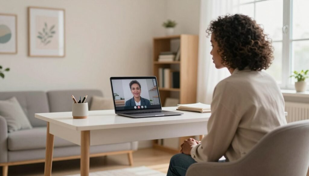 A bright and inviting consultation room for a virtual psychiatric evaluation, featuring a comfortable chair facing a desk equipped with a laptop displaying a video call interface. In the foreground, an empathetic psychiatrist in professional attire, a middle-aged Black woman, leans slightly forward, engaged and listening attentively. The middle ground includes a soft, neutral-colored wall adorned with calming artwork and a bookshelf filled with psychology books. In the background, a large window allows natural light to pour in, illuminating the space and creating a warm atmosphere. The mood is calm and professional, evoking trust and comfort, ideal for a first medical evaluation. The lighting is soft and even, creating a welcoming and serene environment.