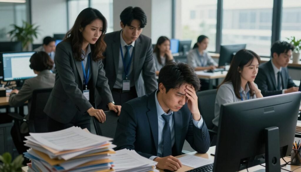 A bustling office environment highlighting occupational stress. In the foreground, a man in a business suit looks overwhelmed, his brow furrowed, surrounded by piles of paperwork and a glowing computer screen. The middle ground features a diverse group of employees engaged in high-pressure tasks, some appearing tense, while others share supportive expressions. In the background, large windows let in natural daylight, casting a soft glow over the scene, enhancing the sense of urgency. The overall mood is a mix of tension and resilience, with hints of frustration and the undercurrents of teamwork. The camera angle is slightly elevated, giving a broad view of the stressful environment while maintaining focus on the individuals. The lighting contrasts the warm glow of the day with the cool, artificial light of the office, creating a dynamic atmosphere that captures the essence of workplace stress. A bustling office environment highlighting occupational stress. In the foreground, a man in a business suit looks overwhelmed, his brow furrowed, surrounded by piles of paperwork and a glowing computer screen. The middle ground features a diverse group of employees engaged in high-pressure tasks, some appearing tense, while others share supportive expressions. In the background, large windows let in natural daylight, casting a soft glow over the scene, enhancing the sense of urgency. The overall mood is a mix of tension and resilience, with hints of frustration and the undercurrents of teamwork. The camera angle is slightly elevated, giving a broad view of the stressful environment while maintaining focus on the individuals. The lighting contrasts the warm glow of the day with the cool, artificial light of the office, creating a dynamic atmosphere that captures the essence of workplace stress.