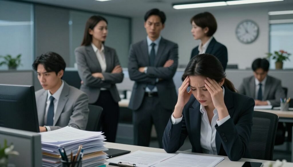 A busy office environment showcasing the impacts of anxiety in the workplace. In the foreground, a professional woman in business attire holds her head in her hands, visibly stressed, with papers strewn on her desk, symbolizing overwhelming tasks. In the middle ground, a team of colleagues in formal clothing is engaged in a tense discussion, with furrowed brows and crossed arms, indicating conflict and pressure. The background features office cubicles and a clock showing late hours, enhancing the feeling of urgency. Soft, diffused lighting emphasizes the somber mood, casting subtle shadows to convey tension. A cool color palette reflects the seriousness of the situation, making the viewer feel the weight of anxiety in a corporate setting.