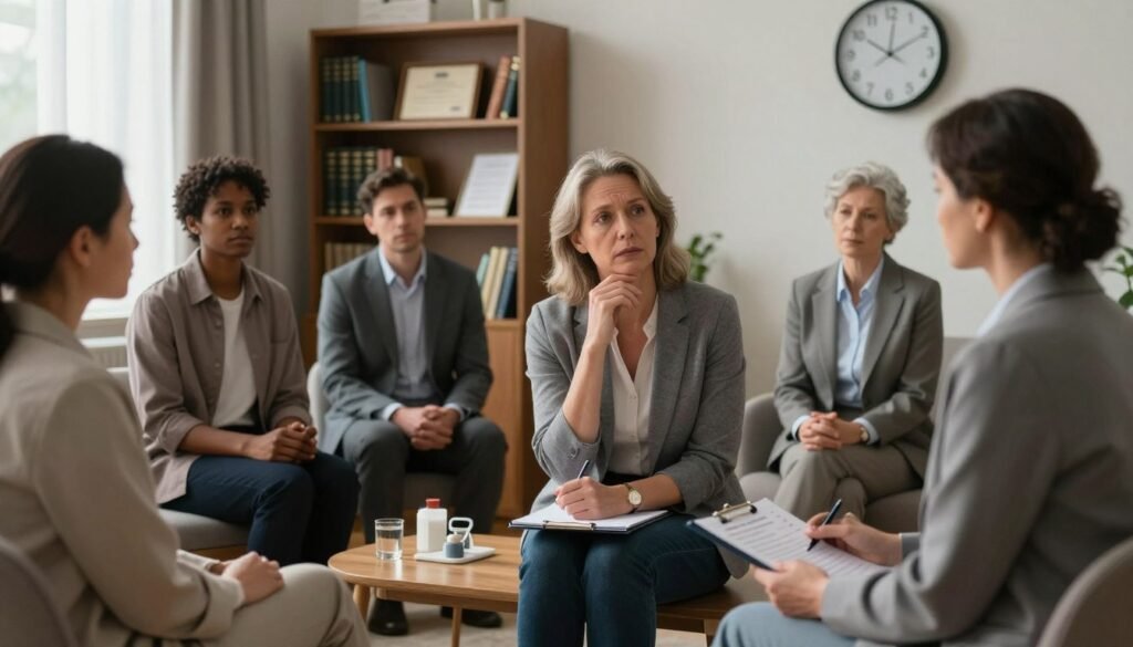 A calm and professional setting depicting the diagnosis of PTSD. In the foreground, a diverse group of mental health professionals in business attire are attentively listening to a middle-aged patient seated in a cozy, well-lit office. The patient, a Caucasian woman, appears thoughtful, surrounded by diagnostic tools such as a psychological assessment notepad and a clock on the wall indicating time passing. The middle ground features a large bookshelf filled with psychology books and framed certificates. In the background, a soft window light filters through sheer curtains, creating a warm atmosphere. The scene conveys a sense of empathy, professionalism, and focus, with soft, natural lighting highlighting the expressions of concern and understanding. The image captures the essence of the clinical assessment process, emphasizing the importance of diagnosis in understanding PTSD.