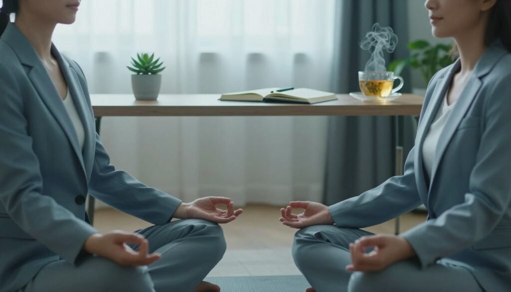 A calming scene depicting a serene workspace designed for anxiety management. In the foreground, a person in professional business attire practices mindfulness, seated cross-legged on a floor mat, eyes closed, and hands resting on knees, radiating tranquility. The middle ground features a softly lit desk with calming elements: a small succulent plant, an open journal with a pen, and a steaming cup of herbal tea. The background shows a window with sheer curtains, allowing gentle natural light to filter in, illuminating the peaceful environment. The color palette should be soothing, with soft blues and greens. The overall mood is tranquil and supportive, evoking a sense of calm and focus. A calming scene depicting a serene workspace designed for anxiety management. In the foreground, a person in professional business attire practices mindfulness, seated cross-legged on a floor mat, eyes closed, and hands resting on knees, radiating tranquility. The middle ground features a softly lit desk with calming elements: a small succulent plant, an open journal with a pen, and a steaming cup of herbal tea. The background shows a window with sheer curtains, allowing gentle natural light to filter in, illuminating the peaceful environment. The color palette should be soothing, with soft blues and greens. The overall mood is tranquil and supportive, evoking a sense of calm and focus.