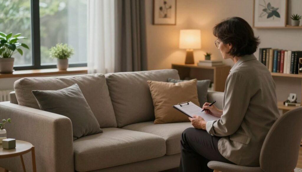 A calming therapy room focused on long-term treatment for OCD (Obsessive-Compulsive Disorder). In the foreground, a cozy therapy couch is positioned invitingly, adorned with neutral-colored cushions, inviting a sense of comfort. The middle ground features a therapist, a middle-aged individual in professional attire, attentively holding a notepad while sitting across from the couch. A soft, ambient light filters through large windows, casting a warm glow, enhancing the serene atmosphere. In the background, shelves lined with therapy books and calming decor, like plants and artwork, contribute to a peaceful ambiance. The overall mood conveys hope and reassurance, emphasizing the journey of healing and maintenance in OCD treatment.
