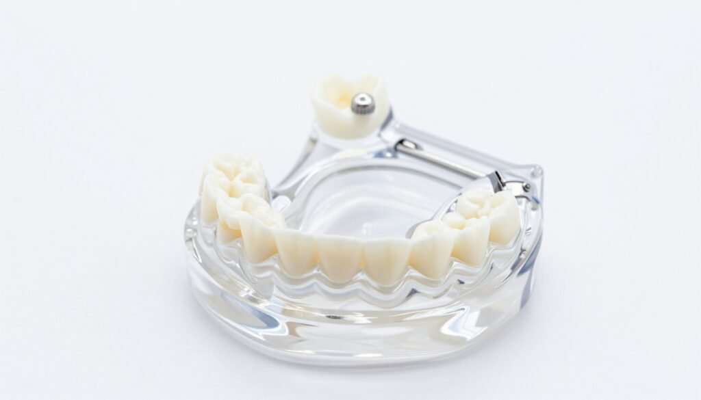 A clear dental night guard resting on a clean white surface, professional dental hygiene product, high detail, studio lighting. A clear dental night guard resting on a clean white surface, professional dental hygiene product, high detail, studio lighting.
