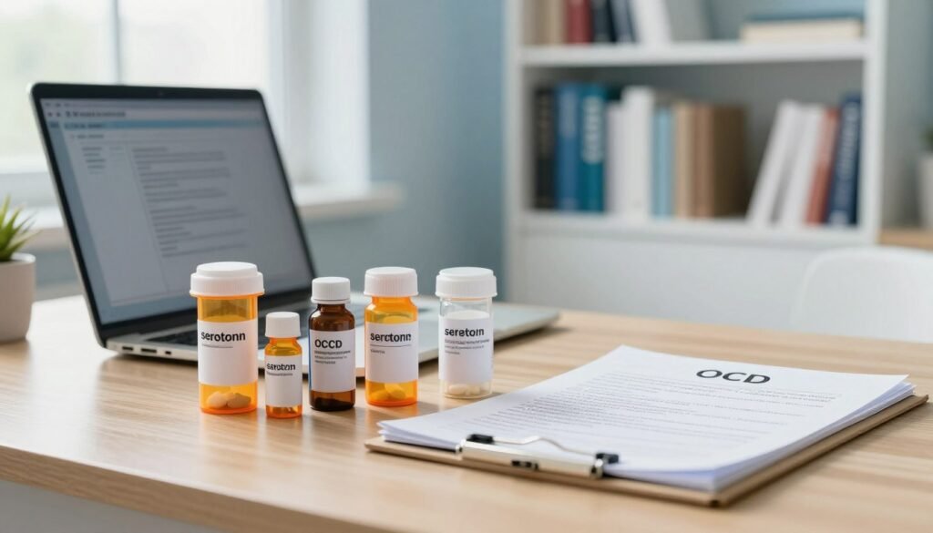A clinical and informative workspace setting focused on serotonin reuptake inhibitors for OCD treatment. In the foreground, a close-up of various prescription medication bottles, clearly labeled but without any text, arranged aesthetically on a sleek wooden desk. The middle ground features a modern laptop and a notepad with scattered medical notes discussing OCD therapy, illuminated by soft, natural light streaming in through a nearby window. In the background, a serene and organized bookshelf filled with psychology and psychiatry textbooks, creating an atmosphere of professionalism and healing. The color palette includes soft blues and whites to evoke calmness and clarity, with a shallow depth of field to emphasize the medications while softly blurring the background. This image should radiate a sense of hope and professionalism in mental health treatment.