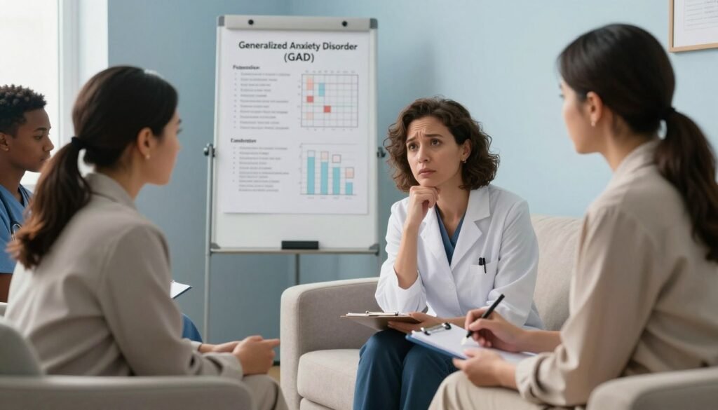A clinical setting featuring a diverse group of professionals engaged in a discussion about diagnosing Generalized Anxiety Disorder (GAD). In the foreground, a middle-aged psychologist, dressed in professional attire, is listening attentively to a young woman sitting on a couch, expressing her feelings. The psychologist takes notes, with a thoughtful expression, indicating empathy and understanding. In the middle ground, a whiteboard displays diagnostic criteria and charts related to GAD. The background is softly lit, with calming colors like light blue and beige, creating a serene atmosphere. Use natural lighting to enhance the mood of calm professionalism. The camera angle is slightly elevated, providing a comprehensive view of the discussion and ensuring that the focus remains on the people and their interaction.