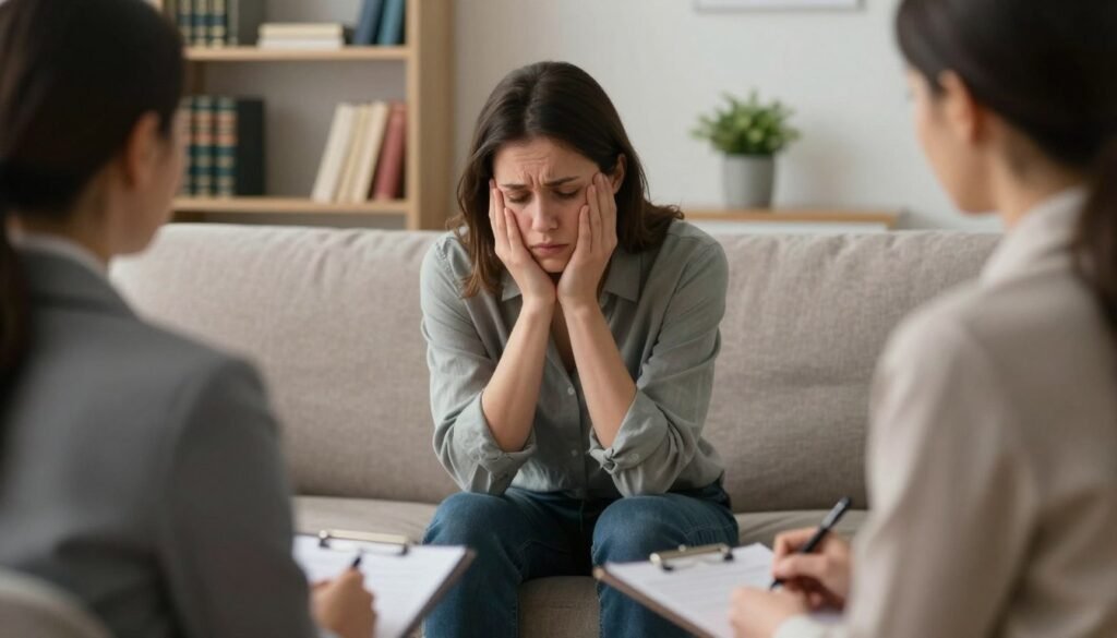 A clinical setting representing the diagnosis of agoraphobia, featuring a professional psychologist evaluating a patient in a comfortable office. In the foreground, the psychologist, dressed in smart, professional attire, observes the patient who appears anxious, illustrating a moment of reflection and concern. The middle section shows a cozy couch where the patient sits, slightly hunched, avoiding eye contact, conveying a sense of discomfort. The background displays a shelf filled with psychology books and a potted plant, adding a calming touch to the atmosphere. Soft, diffused lighting creates a serene and inviting ambiance, while a close-up angle focuses on their expressive faces, highlighting the emotional weight of the diagnostic criteria. The overall mood is contemplative and empathetic, embodying the complexity of understanding agoraphobia. A clinical setting representing the diagnosis of agoraphobia, featuring a professional psychologist evaluating a patient in a comfortable office. In the foreground, the psychologist, dressed in smart, professional attire, observes the patient who appears anxious, illustrating a moment of reflection and concern. The middle section shows a cozy couch where the patient sits, slightly hunched, avoiding eye contact, conveying a sense of discomfort. The background displays a shelf filled with psychology books and a potted plant, adding a calming touch to the atmosphere. Soft, diffused lighting creates a serene and inviting ambiance, while a close-up angle focuses on their expressive faces, highlighting the emotional weight of the diagnostic criteria. The overall mood is contemplative and empathetic, embodying the complexity of understanding agoraphobia.