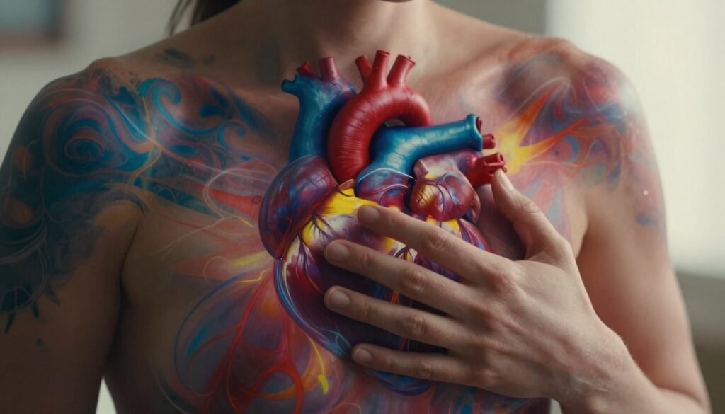 A close-up, artistic interpretation of a human heart symbolically depicted in the center of the chest, surrounded by vibrant, swirling colors that represent anxiety—deep blues, vivid reds, and hints of electric yellow. In the foreground, a pair of hands is gently clasping the chest, conveying a sense of concern and introspection. The middle ground features faint outlines of abstract forms that suggest chaotic thoughts and stress. The background is softly blurred, with a warm, diffuse light creating a comforting yet poignant atmosphere. The angle is slightly tilted to create dynamism, evoking a sense of urgency and reflection. The overall mood is one of depth and emotional complexity, emphasizing the connection between heart and mental health.
