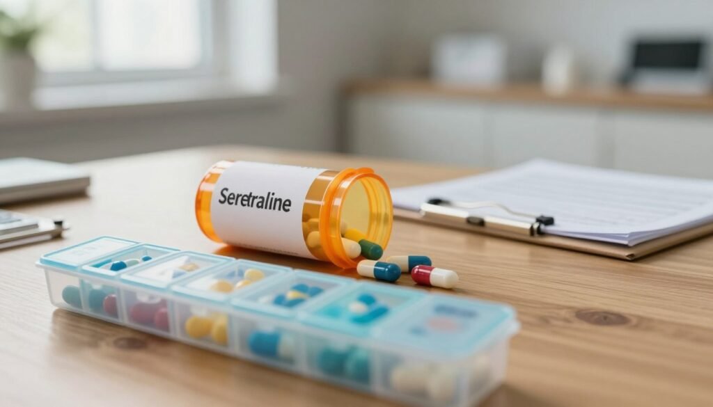 A close-up composition of a prescription bottle labeled 'Sertraline' alongside a filled pill organizer, arranged on a wooden table. In the foreground, vibrant, color-coded capsules are neatly placed in a weekly pillbox, reflecting different dosages. In the middle, the open prescription bottle spills a few capsules, highlighting their structure and texture. The background features a softly blurred clinical setting, such as a doctor's office, with medical paraphernalia like charts and notes subtly visible. Natural daylight filters through a nearby window, creating a warm and informative atmosphere, emphasizing the professionalism of medication management. The scene conveys clarity and organization, suitable for illustrating the concept of Sertraline dosage adjustments and limits in a medical context.
