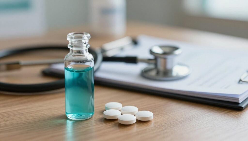 A close-up composition showcasing clonazepam in both liquid and tablet forms. In the foreground, a clear glass dropper bottle filled with turquoise clonazepam drops, with a few drops visibly clinging to the rim. Next to it, a handful of small, round white tablets are scattered on a smooth wooden surface. In the middle ground, a blurred set of medical equipment, such as a stethoscope and a prescription pad, creates context. The background features soft, diffused lighting to evoke a professional atmosphere, suggesting a clinical setting. The overall mood should convey a sense of calm and seriousness, reflecting the importance of responsible medication use.
