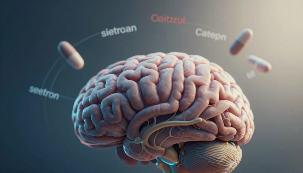 A close-up of a human brain, intricately detailed in the foreground, showcasing neural pathways illuminated with subtle blue and yellow hues to represent biological factors affecting mood and mental well-being. In the middle ground, abstract representations of neurotransmitters and hormones, like serotonin and cortisol, swirling gently around the brain, indicating their influence on depression. The background features a soft gradient, transitioning from dark to light, symbolizing the struggle and hope associated with silent depression. The lighting is soft yet dynamic, enhancing the textures of the brain, with a slight lens blur effect creating depth and focus. The overall mood is contemplative and poignant, reflecting the hidden battles of mental health while invoking a sense of understanding and awareness.