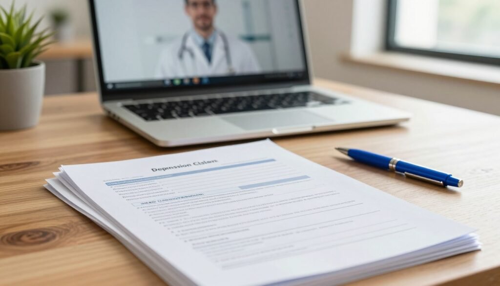A close-up of a medical documentation scene on a wooden desk, showcasing essential paperwork for disability claims related to depression. In the foreground, neatly stacked forms, including medical report templates and an official INSS application, with a blue pen resting beside them. In the middle ground, a softly lit laptop with a doctor's website open, portraying a virtual consultation. The background includes a calming indoor environment with a potted plant and a window allowing natural light to enhance the scene's warmth. The overall mood conveys professionalism and hope, emphasizing the essential nature of the documentation in supporting those in need of assistance for their mental health. The image should be well-lit with soft daylight. A close-up of a medical documentation scene on a wooden desk, showcasing essential paperwork for disability claims related to depression. In the foreground, neatly stacked forms, including medical report templates and an official INSS application, with a blue pen resting beside them. In the middle ground, a softly lit laptop with a doctor's website open, portraying a virtual consultation. The background includes a calming indoor environment with a potted plant and a window allowing natural light to enhance the scene's warmth. The overall mood conveys professionalism and hope, emphasizing the essential nature of the documentation in supporting those in need of assistance for their mental health. The image should be well-lit with soft daylight.