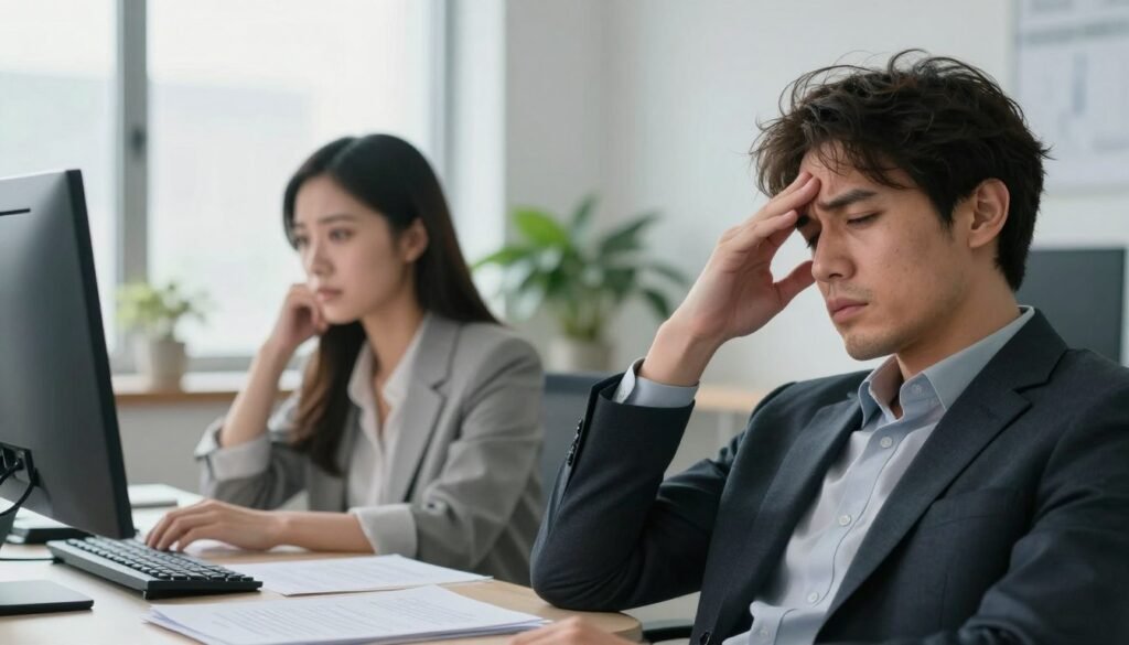 A close-up of a professional man and woman in a modern office setting, both showing signs of burnout. The man has disheveled hair and tired eyes, leaning back in his chair with a hand on his forehead, indicative of stress. The woman is staring blankly at her computer screen, with folders and papers scattered around her workspace, highlighting a chaotic environment. In the background, soft natural light filters through large windows, casting a gentle glow. The room is minimalist with potted plants to contrast the tense mood. Capture an atmosphere of exhaustion and pressure, focusing on facial expressions and body language to convey the distress of burnout in the workplace.