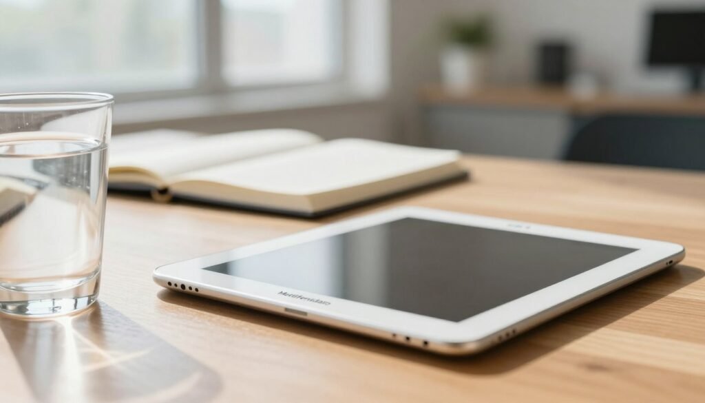 A close-up of a white tablet labeled "Metilfenidato" resting on a smooth, polished wooden surface. In the foreground, a glass of water glimmers softly, reflecting natural light, suggesting a moment of focus and concentration. The middle ground features a blurred, open notebook with neatly scribbled notes on ADHD management, emphasizing organization and clarity. The background includes a subtle out-of-focus image of a serene office environment, with soft, diffused sunlight streaming through a large window, creating a calm and productive atmosphere. The color palette is warm and inviting, with emphasis on whites and light browns, evoking feelings of focus, care, and professionalism. Use a soft focus lens effect to enhance the serene mood, ensuring a balanced, peaceful composition suitable for educational content. A close-up of a white tablet labeled "Metilfenidato" resting on a smooth, polished wooden surface. In the foreground, a glass of water glimmers softly, reflecting natural light, suggesting a moment of focus and concentration. The middle ground features a blurred, open notebook with neatly scribbled notes on ADHD management, emphasizing organization and clarity. The background includes a subtle out-of-focus image of a serene office environment, with soft, diffused sunlight streaming through a large window, creating a calm and productive atmosphere. The color palette is warm and inviting, with emphasis on whites and light browns, evoking feelings of focus, care, and professionalism. Use a soft focus lens effect to enhance the serene mood, ensuring a balanced, peaceful composition suitable for educational content.