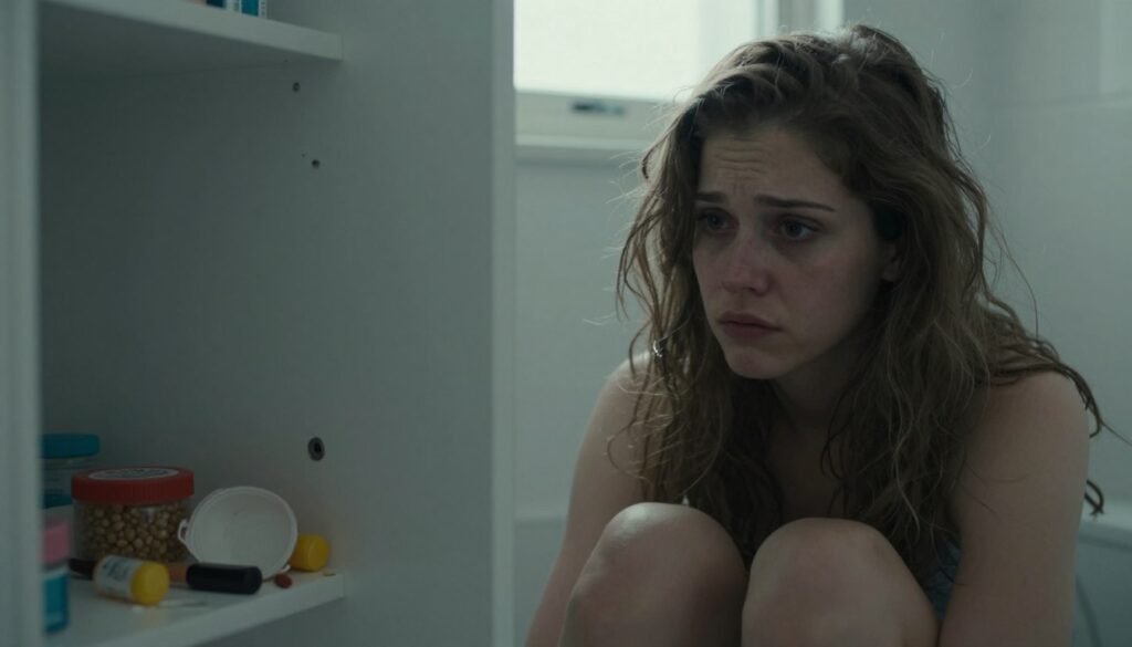 A close-up of a young woman sitting on a bathroom floor, looking distressed and thoughtful, depicting the physical symptoms of bulimia nervosa. She has a pale complexion, dark circles under her eyes, and her hair is disheveled, reflecting the emotional impact of the disorder. The foreground features a partially open medicine cabinet, with signs of disarray—scattered beauty products and an open food container, symbolizing turmoil. In the background, soft natural light filters through a window, casting gentle shadows that enhance the mood of introspection. The atmosphere is somber yet insightful, reflecting the struggle of those affected by bulimia nervosa. The composition is framed to emphasize the subject without distractions, ensuring clear focus on her expression and surroundings.