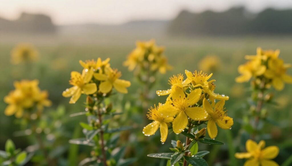 A close-up view of St. John's Wort (Hypericum perforatum) flowers, showcasing their vibrant yellow petals and distinctive dark spots. The foreground features clusters of flowers, with dew drops glistening on the leaves, emphasizing their freshness. In the middle ground, lush green foliage surrounds the flowers, creating a soft, serene atmosphere. The background is a blurred representation of a natural landscape, suggesting a tranquil field under soft morning light, casting gentle shadows. The image is characterized by warm lighting, using a shallow depth of field to keep the focus sharp on the flowers while creating a calming, hopeful mood. The overall composition should evoke a sense of natural healing and the importance of plant-based remedies, adhering to a professional and informative aesthetic. A close-up view of St. John's Wort (Hypericum perforatum) flowers, showcasing their vibrant yellow petals and distinctive dark spots. The foreground features clusters of flowers, with dew drops glistening on the leaves, emphasizing their freshness. In the middle ground, lush green foliage surrounds the flowers, creating a soft, serene atmosphere. The background is a blurred representation of a natural landscape, suggesting a tranquil field under soft morning light, casting gentle shadows. The image is characterized by warm lighting, using a shallow depth of field to keep the focus sharp on the flowers while creating a calming, hopeful mood. The overall composition should evoke a sense of natural healing and the importance of plant-based remedies, adhering to a professional and informative aesthetic.