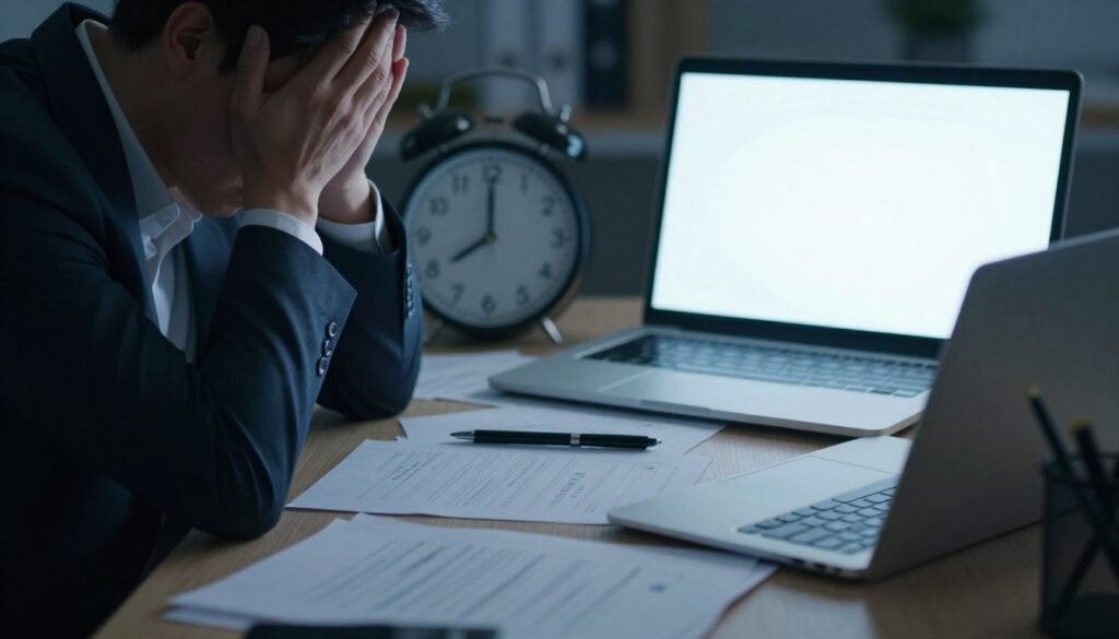 A close-up view of a cluttered desk symbolizing anxiety, featuring scattered papers and an open laptop with a bright, glaring screen. In the foreground, a stressed individual in professional attire buries their face in their hands, visibly overwhelmed. The midground highlights a clock with its hands moving rapidly, representing the pressure of time. The background shows blurry images of an office environment, with dim lighting creating a somber, tense atmosphere. Soft shadows cast by a desk lamp add depth, while a cooler color palette of blues and grays enhances the feeling of unease. The overall mood is one of anxiety and stress, encapsulating the weight of worry and uncertainty.