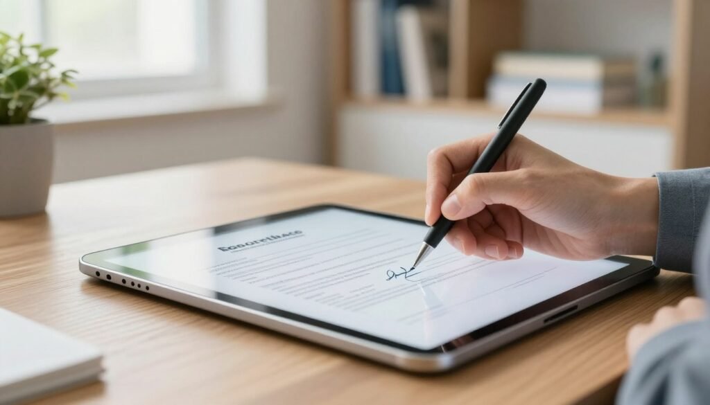 A close-up view of a digital signature being applied to a medical certificate on a sleek, modern tablet. The tablet is placed on a wooden desk with a soft-focus medical office in the background, featuring a bookshelf filled with medical texts and a potted plant. The scene is well-lit with natural light streaming in through a nearby window, creating a warm and inviting atmosphere. The focus is on the hand of a professional in smart business attire, gracefully signing the document, with a slight reflection visible on the screen. Soft shadows and a shallow depth of field enhance the professionalism of the image, emphasizing the importance of digital certification in telemedicine.