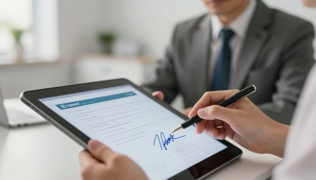 A close-up view of a digital signature being applied to a medical document, showcasing the process of electronic documentation in a modern healthcare setting. In the foreground, a stylized tablet displaying a medical form with a digital signature interface, the signature appearing vibrant and clear. The middle ground features a focused, professional psychiatrist in business attire, intently interacting with the tablet. The background is softly blurred, revealing a bright, minimalist office environment with subtle medical decor, conveying a sense of professionalism and innovation. The lighting is warm and inviting, casting gentle shadows that enhance the focus on the document and signature. The overall mood is professional and efficient, emphasizing the integration of technology in modern psychiatric practices.