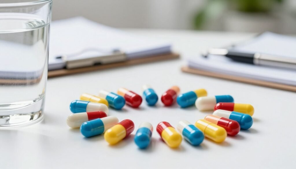 A close-up view of a group of colorful tricyclic antidepressant capsules arranged artistically on a clean white background. The vivid colors of the capsules, including blue, red, and yellow, create a striking visual impact. In the foreground, a glass of water is positioned next to the capsules, reflecting natural light for a fresh look. In the middle ground, a soft-focus medical notebook and a pen suggest a clinical setting, hinting at patient consultation. The background is blurred but includes a calming environment with hints of green plants, evoking a sense of well-being. The overall mood is informative and professional, with bright yet soft lighting to enhance a hopeful atmosphere.