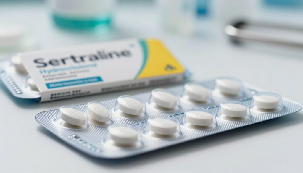 A close-up view of a pack of sertraline hydrocholoride tablets in a clean, clinical setting. The foreground features a clear, transparent pharmaceutical blister pack, revealing white tablets with subtle embossed details. In the middle ground, the packaging is designed with vibrant colors, showcasing the label with scientific diagrams or descriptions hinting at its function in regulating mood and anxiety. The background is softly blurred, representing a healthcare environment, with a light, sterile ambiance and soft, natural daylight illuminating the scene. The overall mood should convey reliability and professionalism, capturing the essence of a trusted medication for mental health care.