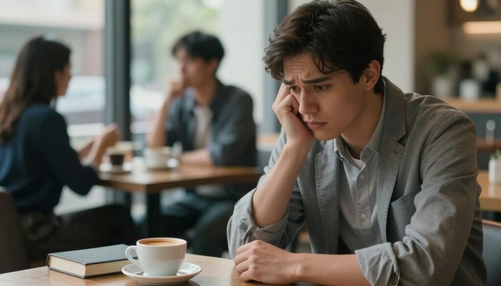 A close-up view of a young adult sitting alone at a coffee shop, appearing anxious and contemplative, showcasing the symptoms of social anxiety. In the foreground, the subject has their hands clasped on the table, with a worried expression, glancing down. Their attire is professional casual, reflecting a sense of unease. In the middle, coffee cups and books are scattered, suggesting a busy environment, while people in the background appear engaged in conversations, highlighting the contrast between the subject’s isolation and the social setting. Soft, natural lighting filters through the window, creating a calming yet melancholic atmosphere that emphasizes the feelings of anxiety. The angle is slightly tilted, adding to the sense of discomfort and apprehension.