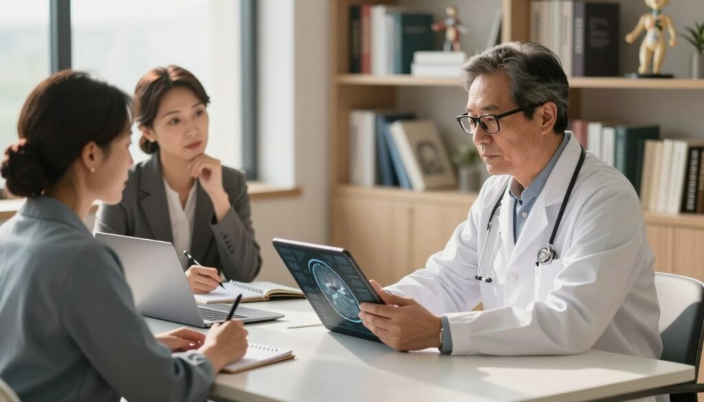 A collaborative scene depicting a neurologist and psychiatrist working together in a modern, sunlit office. In the foreground, the neurologist is a middle-aged man with glasses, dressed in a white coat, studying a brain scan on a tablet, while the psychiatrist, a middle-aged woman in a professional outfit, is sitting across from him, taking notes with a thoughtful expression. In the middle, an open laptop and medical textbooks are visible on a sleek desk, enhancing the ambiance of professional collaboration. The background shows shelves filled with books and anatomical models, all under warm, natural lighting that creates a welcoming atmosphere. The overall mood conveys teamwork and an integrated approach to mental health, emphasizing professionalism and mutual respect.