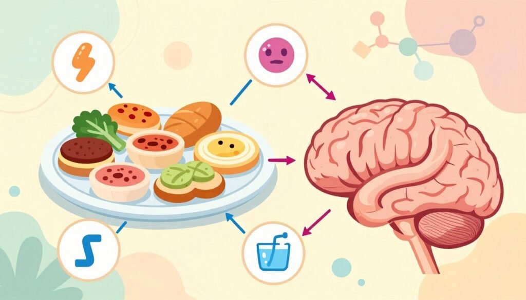 A colorful, scientifically-styled illustration depicting the biological factors influencing binge eating. In the foreground, a brain with highlighted areas indicating emotions and cravings, interconnected with icons representing hormones like serotonin, dopamine, and insulin. The middle ground features a plate of diverse foods, symbolizing temptation and variety, perhaps with arrows illustrating the relationship to hormones. The background should display abstract, soft patterns representing brain activity and chemical reactions, in soothing pastel colors. The lighting should be bright yet gentle, evoking a sense of calm and introspection. The overall atmosphere should foster an understanding of the complexity behind binge eating, blending scientific clarity with a compassionate tone.