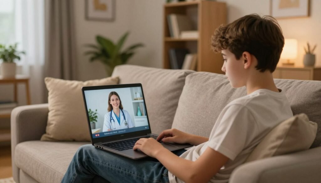 A comfortable online psychiatric consultation for teenagers takes center stage in this image. In the foreground, a relaxed teenager, dressed in modest casual clothing, sits comfortably on a soft couch, engaging with a laptop. The screen displays a friendly psychiatrist in a professional setting, creating a sense of connection. In the middle ground, calming elements like plants and soft cushions enhance the ambiance, while warm, inviting lighting casts a soothing glow. In the background, a cozy room with subtle artwork and bookshelves adds depth, emphasizing a safe and nurturing environment. The atmosphere is serene and supportive, reflecting the benefits of online psychiatric care for adolescents, promoting mental wellness and understanding.