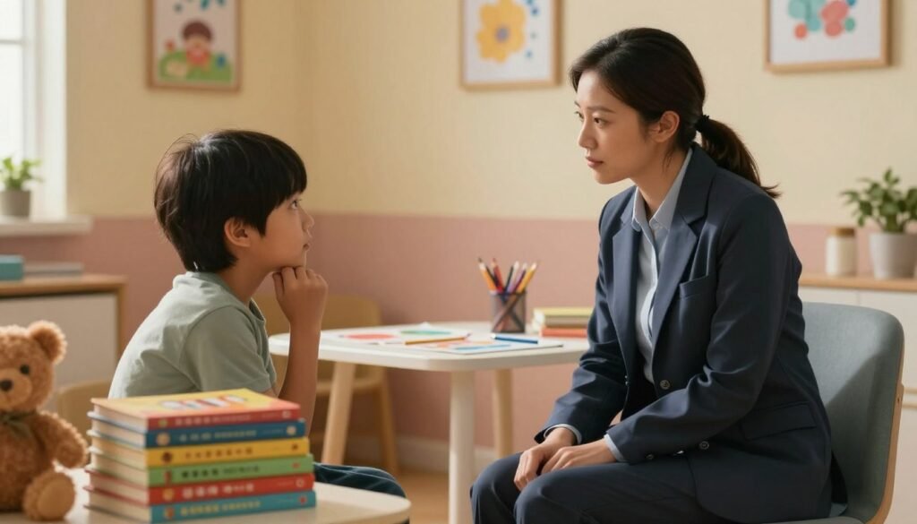 A compassionate child psychiatrist sitting in a warmly lit, cozy office, interacting with a child who appears thoughtful and intrigued. The psychiatrist, dressed in professional attire, listens intently, showing empathy and understanding. In the foreground, a colorful stack of children's books and a few soft toys are visible, creating a welcoming atmosphere. The middle ground features a small table with art supplies, inviting creativity. The background reveals a softly painted wall with soothing colors and framed, cheerful artwork, emphasizing a nurturing environment. Soft, diffused lighting casts a gentle glow, enhancing the sense of safety and professionalism, while conveying a mood of support and care for mental health challenges in children. The angle is slightly tilted towards the child, capturing the engagement and connection in the interaction.