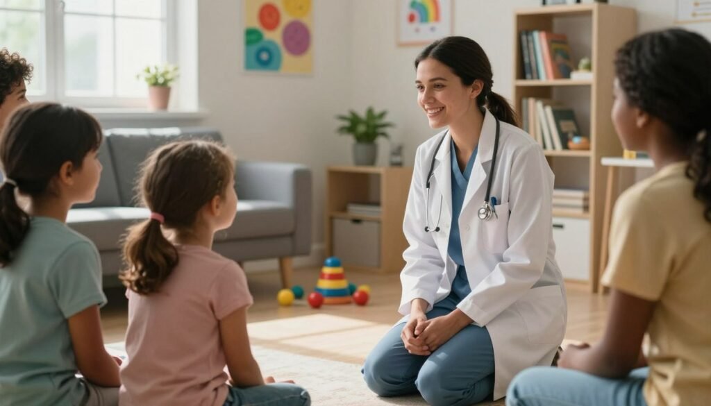A compassionate scene depicting child and adolescent psychiatry. In the foreground, a diverse group of a caring psychiatrist in professional attire is kneeling to engage in conversation with a young girl, who looks curious and open. The psychiatrist exhibits a warm smile, fostering a feeling of trust. In the middle ground, a comfortable consultation room is visible, adorned with colorful artwork and educational toys, creating a welcoming atmosphere. Natural light from a window casts soft shadows, enhancing the serene environment. In the background, a bookshelf with psychology books and a small potted plant adds warmth to the space. The overall mood should be supportive and hopeful, illustrating the importance of mental health care for children and teenagers. The composition should suggest an engaging, nurturing interaction focused on understanding and healing for young patients.