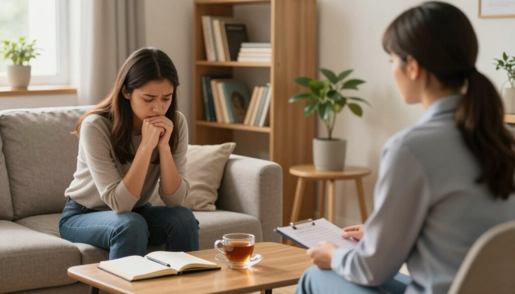A compassionate scene illustrating a professional helping someone dealing with depression. In the foreground, a therapist in professional attire listens attentively to a young adult female, seated on a comfortable sofa, her expression reflecting concern and empathy. In the middle ground, a small coffee table with an open notebook and a cup of tea, symbolizing a safe, inviting conversation space. The background features a softly lit room with warm colors, a bookshelf filled with self-help books, and a potted plant to convey a sense of healing and tranquility. The lighting is warm and natural, coming from a nearby window, creating a serene atmosphere. Focused from a slightly elevated angle, this image captures the essence of support and understanding in moments of vulnerability.