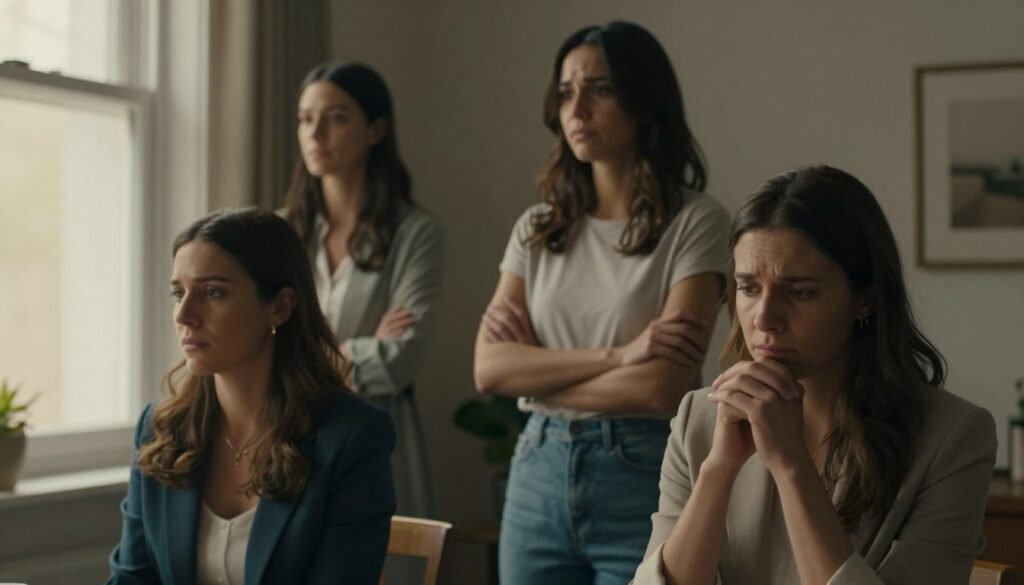 A composition focused on three women in a softly lit indoor setting, each exhibiting different emotional states that reflect symptoms of PMDD (Premenstrual Dysphoric Disorder). In the foreground, a woman sits with her hands clasped, looking contemplative and slightly distressed, wearing professional attire. In the middle, another woman stands with crossed arms, displaying a frustrated expression, dressed in modest casual clothing. In the background, a third woman gazes out of a window, conveying a sense of melancholy, with natural light casting soft shadows. The atmosphere is intimate and empathetic, with warm tones enhancing the emotional depth of the scene. The focus should be on the women's expressions and the emotional environment, avoiding any distractions.