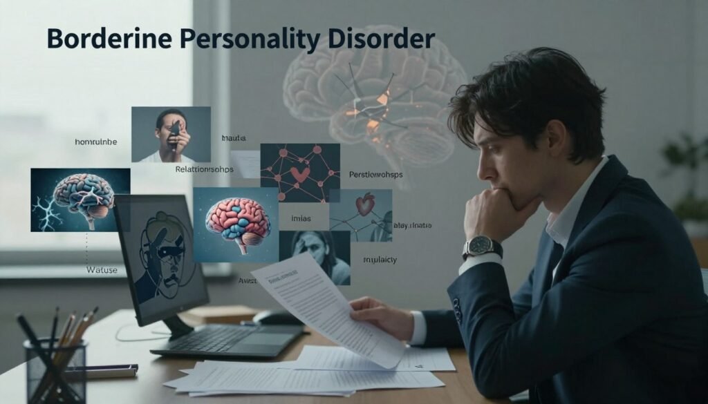 A conceptual illustration depicting the causes and risk factors of Borderline Personality Disorder. In the foreground, a thoughtful individual in professional attire sits at a desk, examining a scatter of papers representing emotional struggles, such as mood swings and impulsivity. The middle layer features a chaotic blend of images symbolizing trauma, relationships, and biological influences, such as brain synapses and heart connections. In the background, a subtle, abstract representation of a fractured brain is illuminated with soft, diffused lighting to evoke a sense of complexity and introspection. The overall atmosphere is contemplative and slightly somber, capturing the nuanced emotional landscape associated with the disorder. Use a slightly overcast ambiance for a more introspective tone, focusing on natural light coming from a window.