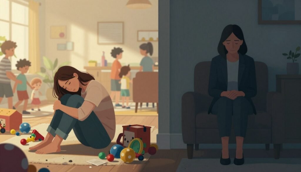 A conceptual illustration depicting the differences between maternal burnout and depression. In the foreground, feature two distinct figures: one mother appearing exhausted and overwhelmed, surrounded by chaotic children’s toys, symbolizing burnout, dressed in casual clothing. The other mother should be sitting alone in a dimly lit room, looking pensive and withdrawn, representing depression, wearing professional attire. In the middle ground, include a split background—one side bustling with family activities and warmth, and the other side shadowy and isolated. Use warm, bright lighting for the burnout side to evoke chaos, contrasting with cooler, subdued tones on the depression side to create a somber mood. Aim for a balanced composition to visually convey the emotional states, highlighting the stark differences while maintaining a sensitive and respectful tone.