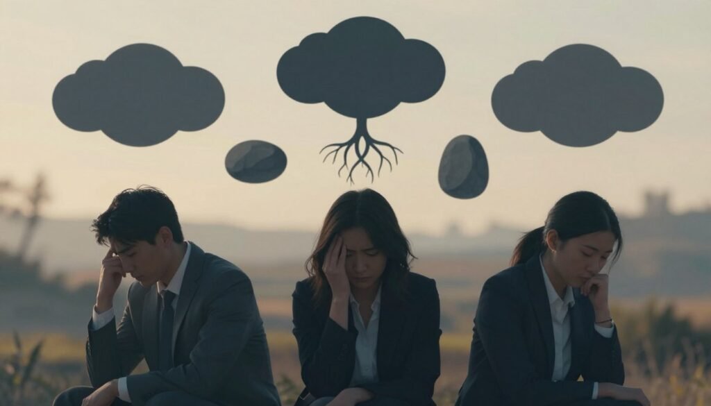 A conceptual illustration representing various types of depression, featuring a split design. In the foreground, depict three human silhouettes, dressed in professional business attire, each exhibiting distinct postures and facial expressions: one looking pensive, another gazing downcast, and the third appearing contemplative. In the middle ground, visually represent different forms of depression through abstract elements like dark clouds, tangled roots, and heavy stones, symbolizing weight and struggle. In the background, create a softly blurred landscape with warm, muted colors to convey an atmosphere of somber reflection and hope. Use soft, diffused lighting to enhance the emotional depth without harsh shadows, suggesting introspection and awareness.