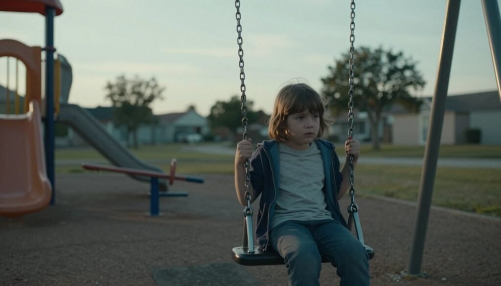A concerned child sitting alone on a playground swing, with a distant gaze that reflects anxiety. In the foreground, the child is dressed in modest casual clothing, with soft, muted colors highlighting their vulnerable expression. In the middle ground, the empty playground equipment, such as a slide and seesaw, looms around them, symbolizing the isolation often felt due to untreated anxiety. The background features blurred trees and a vast sky, indicating a sense of openness yet emotional confinement. Soft, diffused afternoon light creates gentle shadows, enhancing the somber mood. The image captures a sense of melancholy and innocence, portraying the profound yet often overlooked impact of unaddressed childhood anxiety. The angle is slightly elevated, providing a comprehensive view of the scene while focusing on the child’s emotional state.