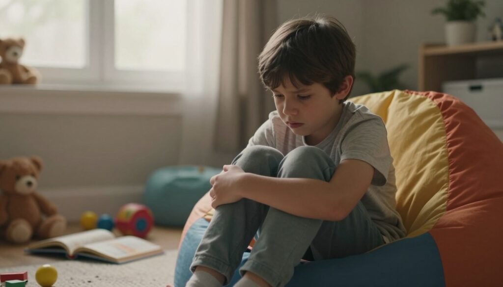 A concerned child sitting in a cozy, softly lit room, displaying signs of anxiety. The child, around eight years old, is wearing casual, modest clothing, huddled on a colorful beanbag with a worried expression. In the foreground, subtle signs of anxiety are illustrated, such as fidgeting hands or a slightly hunched posture. In the middle ground, there are scattered toys and a partially open book, suggesting a disruption in play. The background features a window with warm, natural light filtering through, casting gentle shadows. The overall mood is tender and empathetic, capturing the essence of childhood vulnerability while highlighting the importance of understanding anxiety symptoms in children. The composition should evoke a sense of compassion and awareness, inviting viewers to reflect on childhood anxiety.