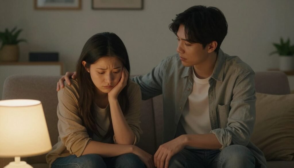 A concerned friend sitting on a sofa beside another person who looks withdrawn and sad, showcasing common symptoms of depression. The friend, wearing modest, casual clothing, has a supportive expression, gently resting a hand on the other's shoulder. The person experiencing symptoms has slumped posture, downcast eyes, and an expression of deep contemplation. In the foreground, the warm light of a nearby lamp casts soft shadows, creating an intimate yet serious atmosphere. In the middle background, there is a cozy living room with soft, muted colors, a few personal items scattered around, suggesting a familiar environment. The focus is sharp on the two individuals while a delicate blur captures the surroundings, highlighting the emotional connection between them. The overall mood is one of empathy and concern.