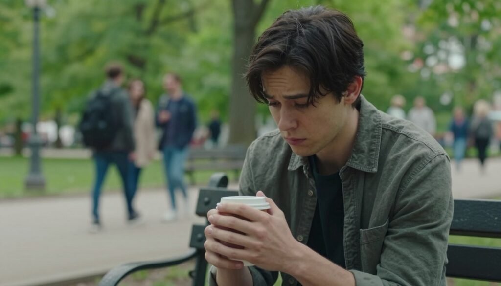 A concerned individual sits on a park bench, eyes slightly downcast, embodying the subtle signs of anxiety. In the foreground, a close-up of their hands clutching a cup of coffee, fidgeting nervously, reflects tension. The middle ground features blurred elements of a serene park, highlighting vibrant green trees and a pathway to symbolize the contrast between inner turmoil and outer tranquility. The background showcases people walking, engaged in conversation, unaware of the individual's struggle. Soft, diffused natural lighting creates a soothing atmosphere, with a cinematic depth of field that draws the viewer's focus towards the subject’s expression. The overall mood conveys a sense of vulnerability and introspection, artfully illustrating the symptoms of anxiety without overt dramatization.