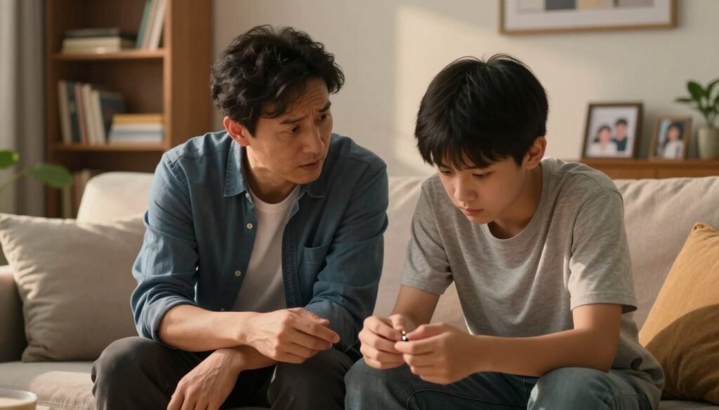 A concerned parent and a teenager sit together in a cozy, softly-lit living room, examining signs of depression. The parent, a middle-aged individual in smart casual attire, shows a warm but worried expression, leaning slightly towards the adolescent. The teenager, dressed in simple, modest clothing, appears introspective, looking down while fiddling with a small object in hand. In the background, comforting decor elements suggest a safe environment, such as a bookshelf filled with books and family photos. The lighting is warm and inviting, casting gentle shadows that enhance the mood of concern and support. Use a soft focus lens effect to evoke a sense of intimacy and care in this pivotal moment.