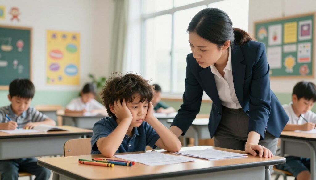 A concerned teacher in a modern classroom observing a young boy with disheveled hair, fidgeting nervously at his desk, surrounded by scattered crayons and papers. In the background, colorful educational posters adorn the walls, depicting various subjects. The lighting is bright and natural, streaming in through large windows, creating a warm yet focused atmosphere. The teacher, dressed in smart casual attire, leans forward with a compassionate expression, illustrating attentiveness to the child's struggles. The boy appears distracted and restless, emphasizing the symptoms of ADHD in children. A sense of empathy fills the scene, capturing the essence of understanding and support in an educational setting.