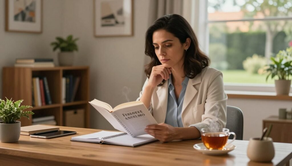 A confident, professional psychiatrist, Dr. Helloyze Ferreira Ancelmo, sits at a stylish wooden desk in a warmly lit office. Foreground features a notepad and a steaming cup of herbal tea, hinting at a welcoming atmosphere. In the middle, Dr. Ancelmo, a woman in her 30s with shoulder-length dark hair, dressed in professional attire, engages thoughtfully with an open textbook on mental health. The office is adorned with calming artwork and soft plants, promoting tranquility. The background shows a softly blurred bookshelf filled with psychology texts and a window with a view of a serene garden bathed in soft afternoon light. The overall mood is serene, warm, and inviting, perfect for a compassionate and accessible online psychiatric consultation setting.