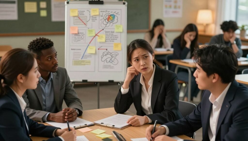 A contemplative scene illustrating the overlap of ADHD and anxiety symptoms. In the foreground, a diverse group of three individuals, dressed in professional business attire, are sitting at a conference table, visibly engaged in conversation. Their expressions reflect a mix of concern and determination, with notes and charts highlighting their discussion. The middle ground features an array of sticky notes and mind maps depicting scattered thoughts and anxiety, symbolizing fragmentation of focus. In the background, a softly blurred classroom setting with students exhibiting signs of distraction and stress, emphasizing the environment's impact on mental health. The lighting is warm and ambient, casting a thoughtful glow over the scene, creating an atmosphere of introspection and collaboration. The angle is slightly elevated, offering a comprehensive view of the dynamic interactions. A contemplative scene illustrating the overlap of ADHD and anxiety symptoms. In the foreground, a diverse group of three individuals, dressed in professional business attire, are sitting at a conference table, visibly engaged in conversation. Their expressions reflect a mix of concern and determination, with notes and charts highlighting their discussion. The middle ground features an array of sticky notes and mind maps depicting scattered thoughts and anxiety, symbolizing fragmentation of focus. In the background, a softly blurred classroom setting with students exhibiting signs of distraction and stress, emphasizing the environment's impact on mental health. The lighting is warm and ambient, casting a thoughtful glow over the scene, creating an atmosphere of introspection and collaboration. The angle is slightly elevated, offering a comprehensive view of the dynamic interactions.