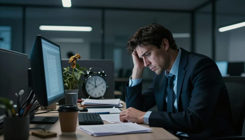 A corporate office setting depicting burnout and emotional exhaustion. In the foreground, a stressed professional, dressed in business attire, sits at a cluttered desk, head resting on one hand, with disheveled paperwork and a glowing computer screen in front of them. Their expression reflects fatigue and overwhelm. In the middle ground, there are office items like an empty coffee cup, a ticking clock showing late hours, and a plant that looks wilted, symbolizing neglected self-care. The background shows dim lighting with harsh fluorescent lights casting shadows, enhancing the somber mood. The overall atmosphere is heavy and reflective of a high-pressure work environment, highlighting the struggles of burnout.