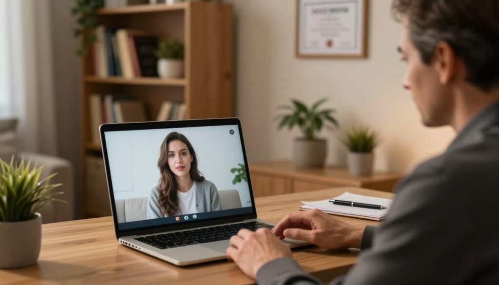 A cozy and inviting home office setting, illuminated by soft, warm lighting. In the foreground, a psychiatrist, a middle-aged male in professional attire, is engaged in an online consultation via laptop. He has a focused and empathetic expression, emphasizing a supportive atmosphere. In the middle ground, the laptop screen shows a calm patient, a young woman in modest casual clothing, visibly relaxed while speaking with the psychiatrist. The background features a bookshelf filled with psychology books, some indoor plants, and a framed certificate on the wall, highlighting professionalism. The overall mood is comforting and reassuring, illustrating the accessibility and modern approach of online psychiatry.