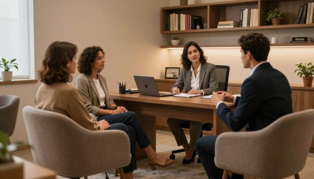 A cozy and modern neuropsychiatrist's office in Brazil, soft warm lighting, a comfortable armchair for the patient, a wooden desk with a laptop, and bookshelves in the background, professional and welcoming atmosphere, 4k resolution.