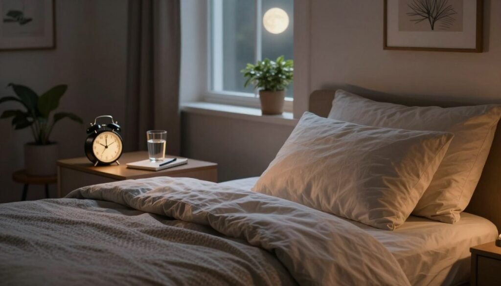 A cozy bedroom scene at night focusing on sleep hygiene practices. In the foreground, a neatly made bed with soft, inviting blankets and a pillow arranged for comfort. On a bedside table, a small alarm clock displays a calming time and a glass of water, alongside a journal and pen for nighttime reflection. In the middle, a window slightly open, allowing soft moonlight to illuminate the room and create gentle shadows. In the background, peaceful décor elements like a potted plant and calming art on the wall enhance the tranquil atmosphere. The overall mood should convey relaxation and serenity, emphasizing a healthy bedtime routine, with warm, soft lighting that evokes a sense of calm and sleep readiness.