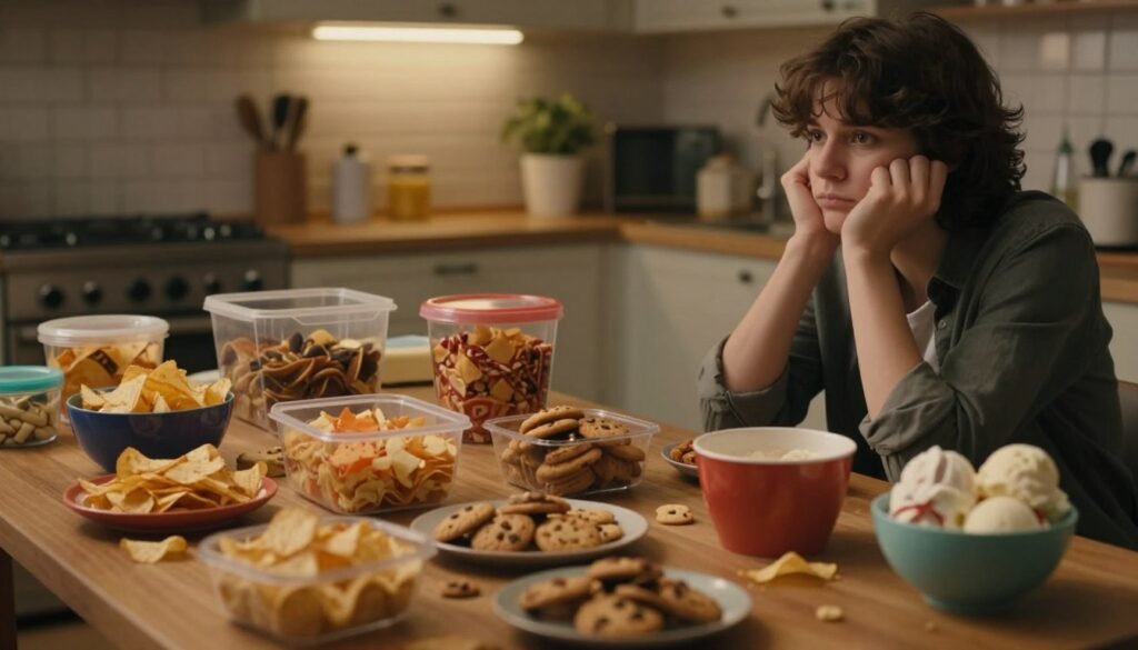 A cozy kitchen setting with a table cluttered with various colorful snacks and comfort food, like chips, cookies, and ice cream. In the foreground, a person in professional casual attire, looking contemplative, gazes at the spread with a mixture of intrigue and hesitation. Their expression captures the conflict of indulgence versus self-control. The middle area shows partially opened containers and bowls of food, creating a sense of abundance. In the background, soft, warm lighting illuminates the space, enhancing the inviting but chaotic atmosphere. The lens is focused on the table while slightly blurring the background, emphasizing the emotional weight of the scene, evoking feelings of comfort, struggle, and reflection on the nature of binge eating.