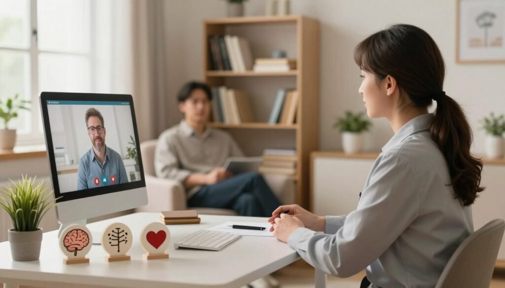 A cozy telemedicine consultation scene in a warmly lit room, featuring a psychiatrist in professional business attire, seated at a modern desk with a computer displaying a telehealth interface. In the foreground, a row of mental health symbols like a brain, heart, and calming plants create a serene atmosphere. The middle ground showcases a comfortable chair where a patient is relaxed, engaging in video consultation. The background includes soft bookshelves filled with mental health literature and a gentle window light illuminating the space. The mood is inviting and supportive, symbolizing democratization of mental health access through technology, with a focus on warmth, empathy, and professionalism. A cozy telemedicine consultation scene in a warmly lit room, featuring a psychiatrist in professional business attire, seated at a modern desk with a computer displaying a telehealth interface. In the foreground, a row of mental health symbols like a brain, heart, and calming plants create a serene atmosphere. The middle ground showcases a comfortable chair where a patient is relaxed, engaging in video consultation. The background includes soft bookshelves filled with mental health literature and a gentle window light illuminating the space. The mood is inviting and supportive, symbolizing democratization of mental health access through technology, with a focus on warmth, empathy, and professionalism.